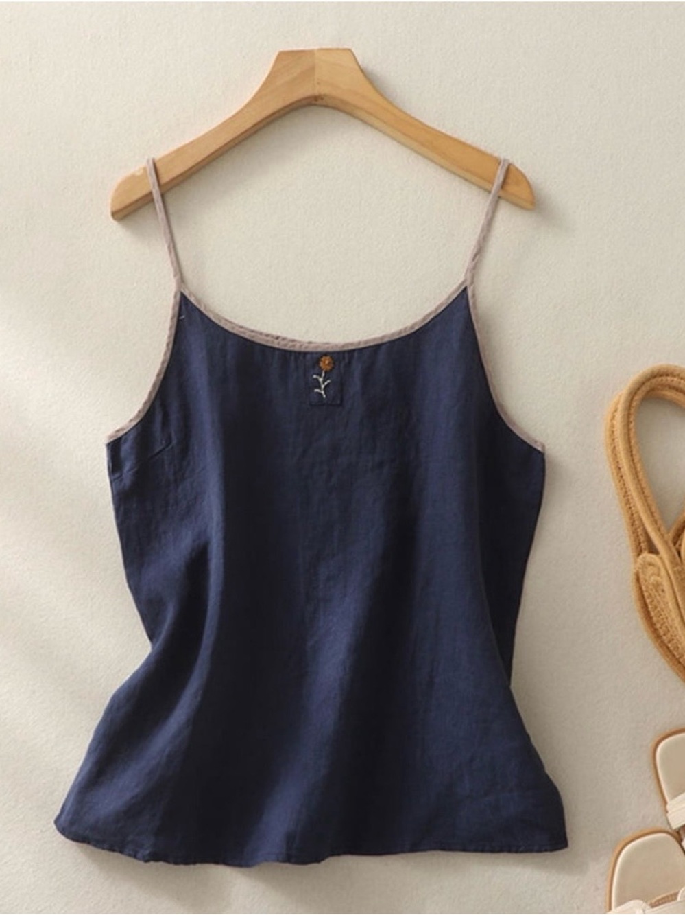 100% Linen Navy Floral Embroidered Spaghetti Strap Tank Top